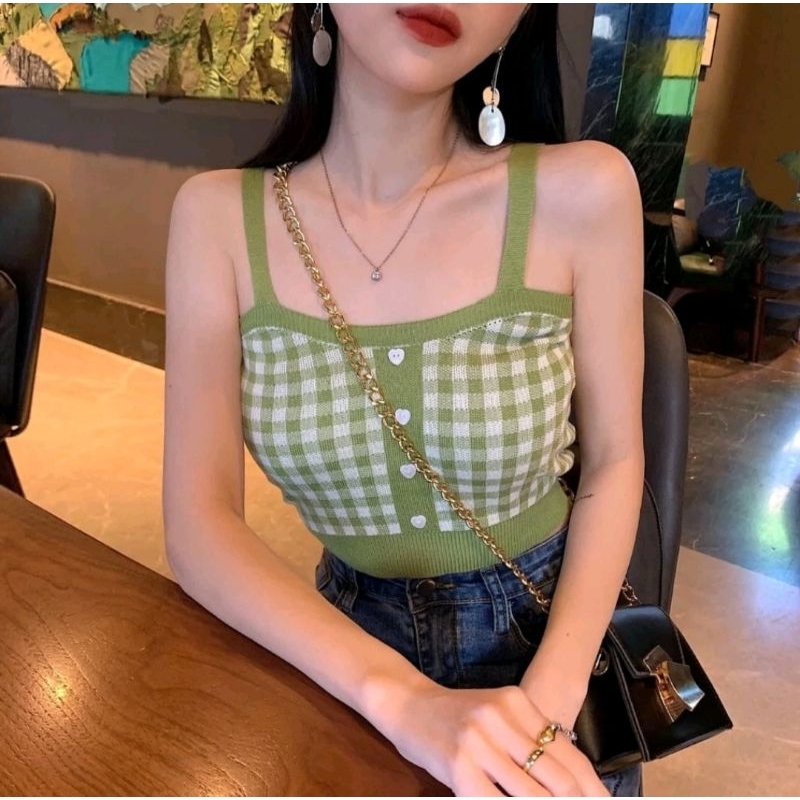 (Candyholic) Tanktop crop rajut/knit crop top square/tanktop motif kotak
