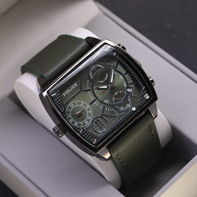 Jam Tangan POLICE KULIT DOUBLE TIME TGL AKTIF Diameter 4,6 cm/ Jam Tangan Pria Fashion