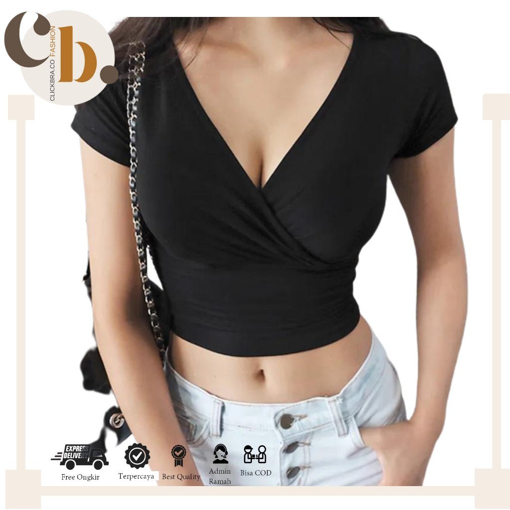 CLICKBRA | BJ1058 Baju Kaos Wanita Model Leher V Neck Crop Top Sexy Atasan