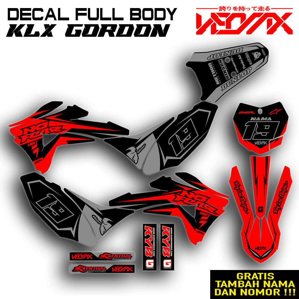 DECAL KLX GORDON FULL BODY HITAM MERAH CUSTOM NAMA DAN NOMOR