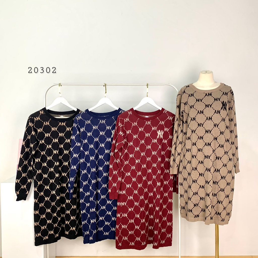 DRESS RAJUT TUNIK FULL MOTIF NY TANGAN PANJANG PREMIUM DRESS RAJUT WANITA TANGAN PANJANG BASIC FOUR 