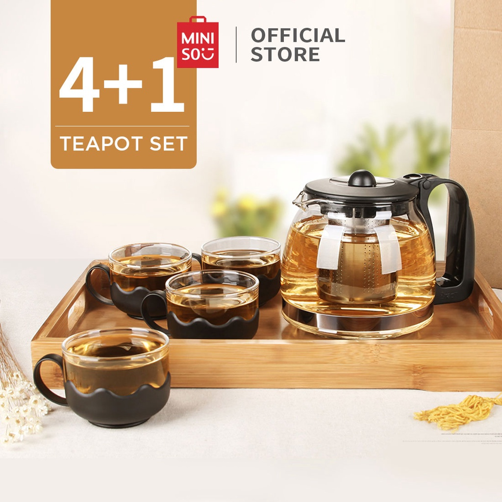 MubeCyan MINISO Teko Teapot Set Teh Sederhana 5pcs/set Teh Ketel Kaca Teapot dengan 4pcs Gelas