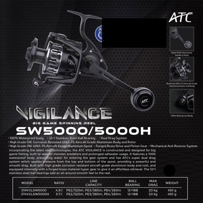 Reel BIG GAME Spinning ATC VIGILANCE SW 5000H (100% WATERPROOF and METAL BODY)