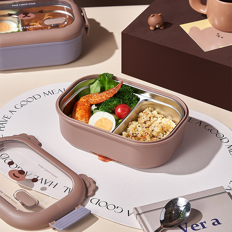 Lunch Box Stainless Bento Brown Sally Kotak makan siang beruang kartun, kotak makan siang baja tahan karat portabel anti bocor, kotak Bento bersegel, wadah makanan, kotak makan microwave