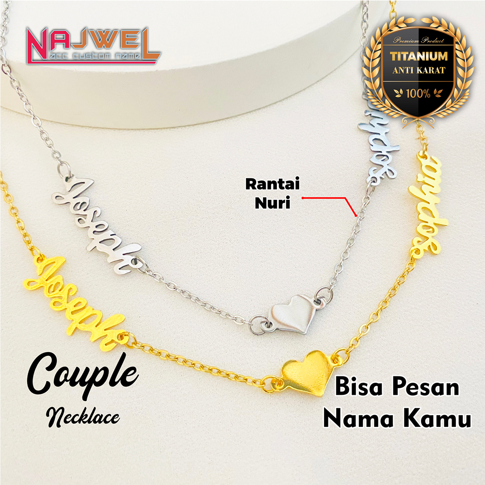 Kalung Custom Nama Couple 2 Nama dengan Tambahan Love Tengah Aksesoris Fashion Kalung Titanium Anti 
