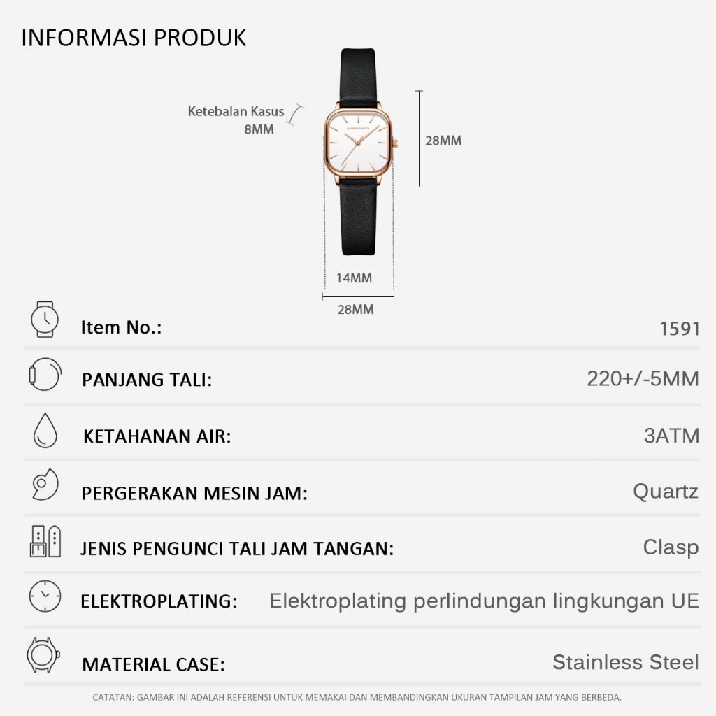 HANNAH MARTIN Jam Tangan Wanita 100% Original Klasik Mode Display Kuarsa Santai Jam Tali Kulit Tahan Air Jam Tangan Cewek 1591-8