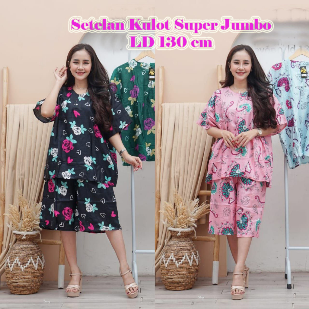 Setelan Kulot Jumbo LD 130 Sakura Set Babydoll Celana Pendek Murah batik pekalongan rayon adem XXXL