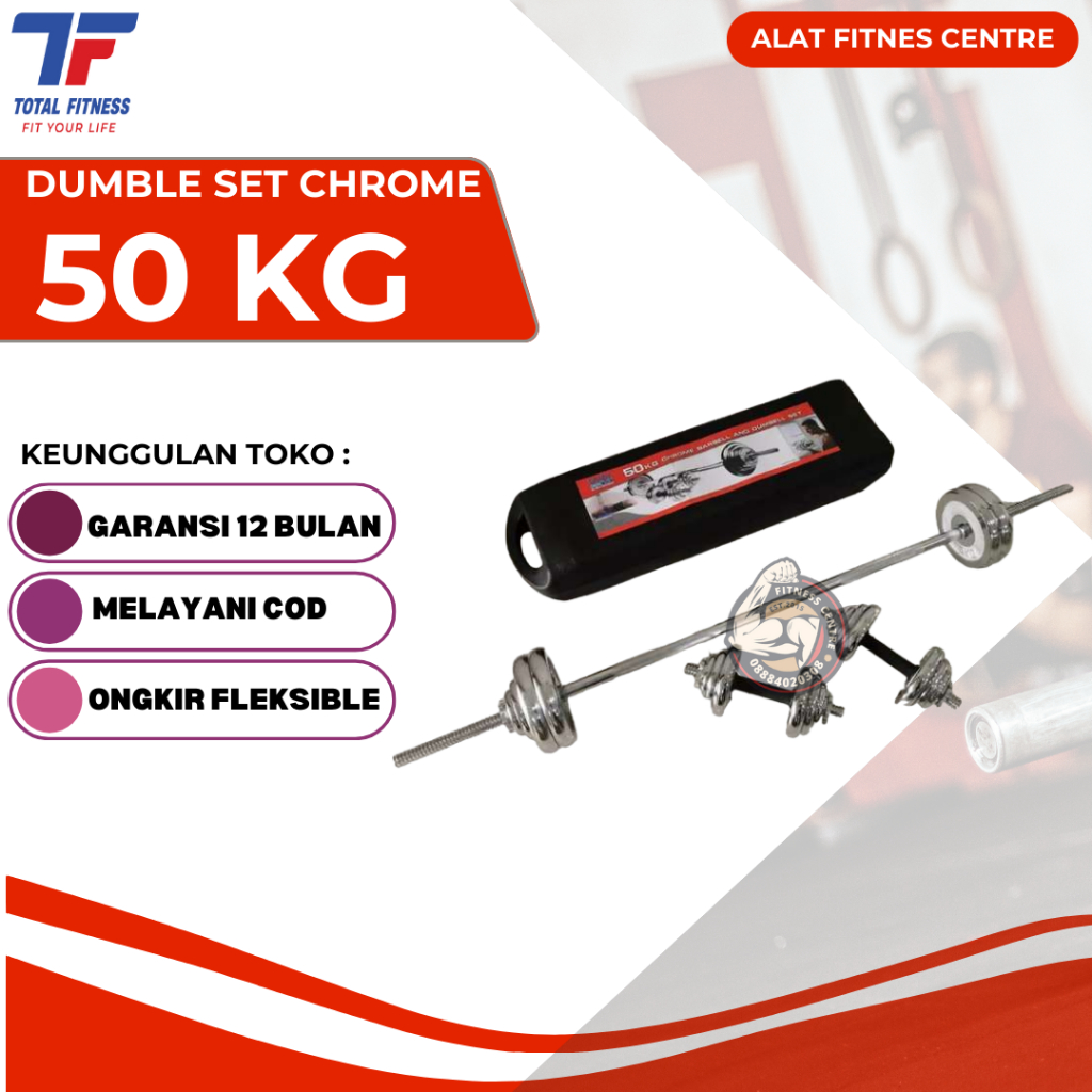 Dumble Set Chrome 50 Kg + Stick Total Fitness Alat Olahraga Angkat Beban Dumbbell Barbel Murah