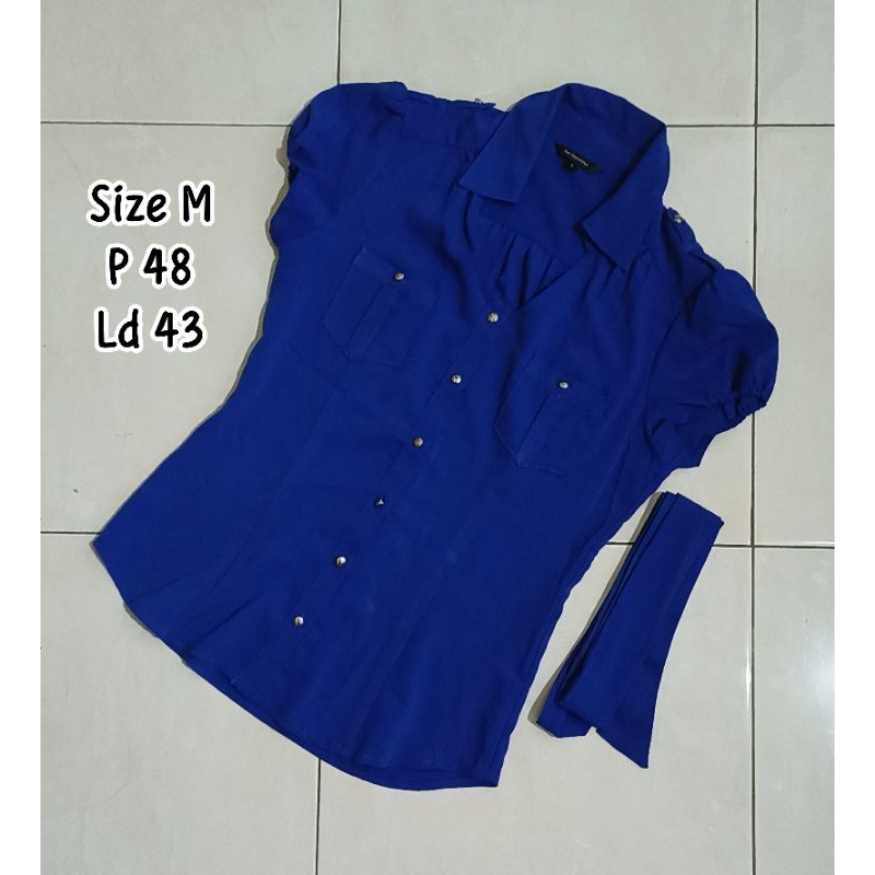 PL - kemeja wanita lengan pendek biru elektrik atasan formal pakaian jalan santai ada tali pengikat 