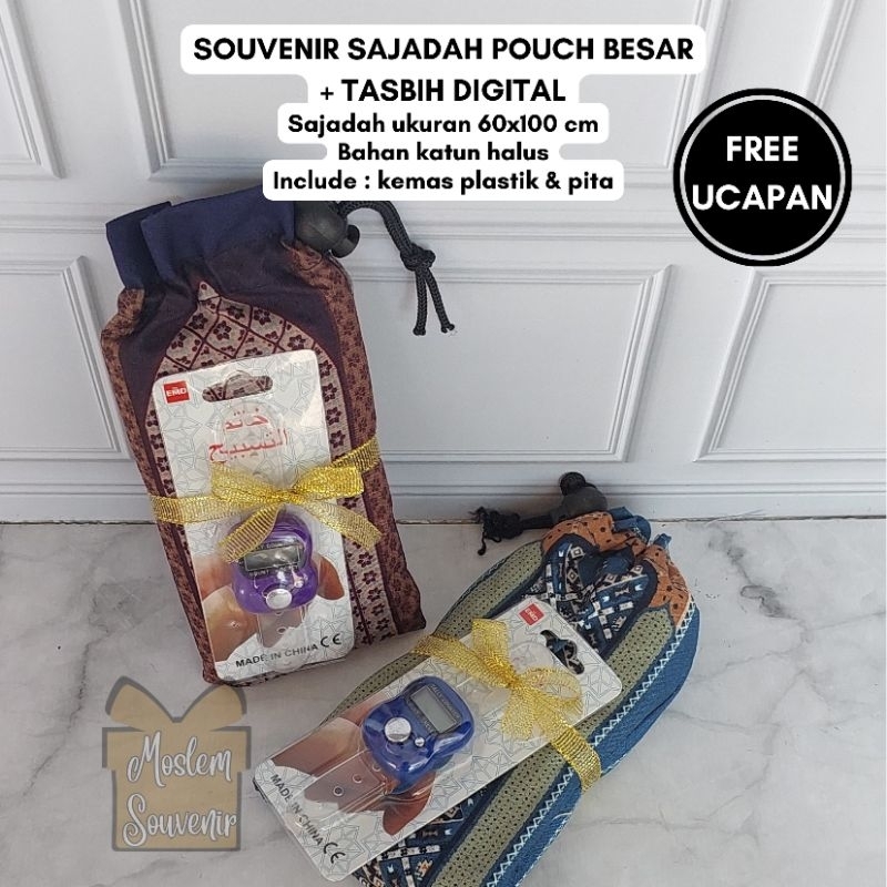 Souvenir Sajadah Pouch besar + tasbih digital terjangkau berkualitas umroh haji pernikahan tahlil pe