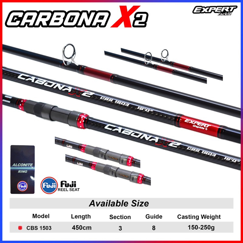 Expert CABONA X2 Surf Rod Spinning CBS1503X2 / 450cm - Joran Pancing Carbon Sambung 3 Cincin Fuji Al