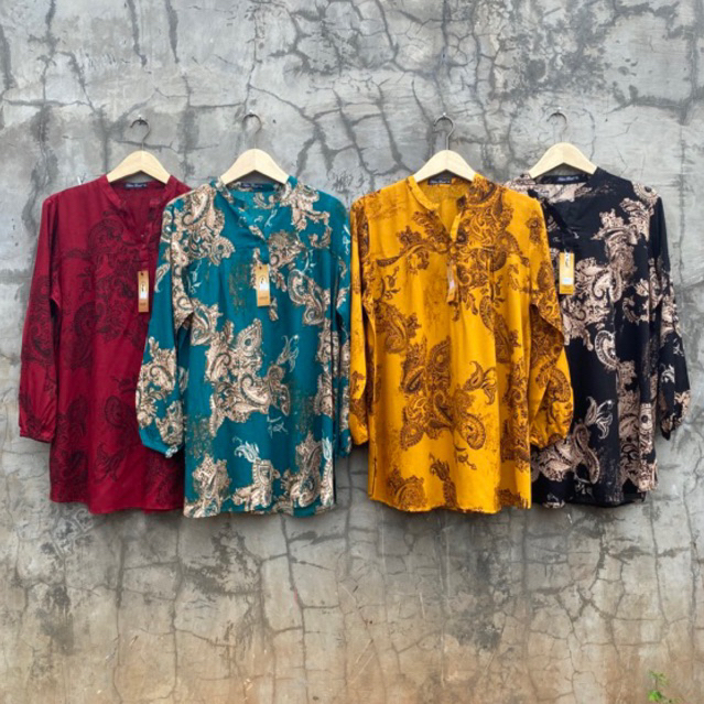 blouse atasan pakaian kemeja motif batik big size mocca cream sandy purple ungu navy biru dongker ba