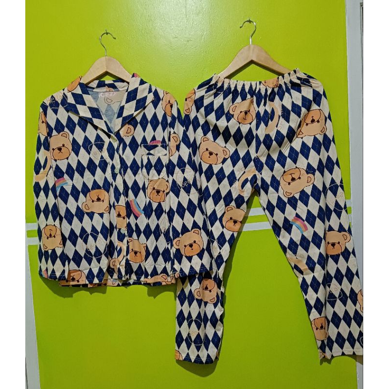 LEISURE WEAR Piyama Wanita Premium PP Impor Baju Tidur Lengan Panjang Celana Panjang Biru Kotak Hita