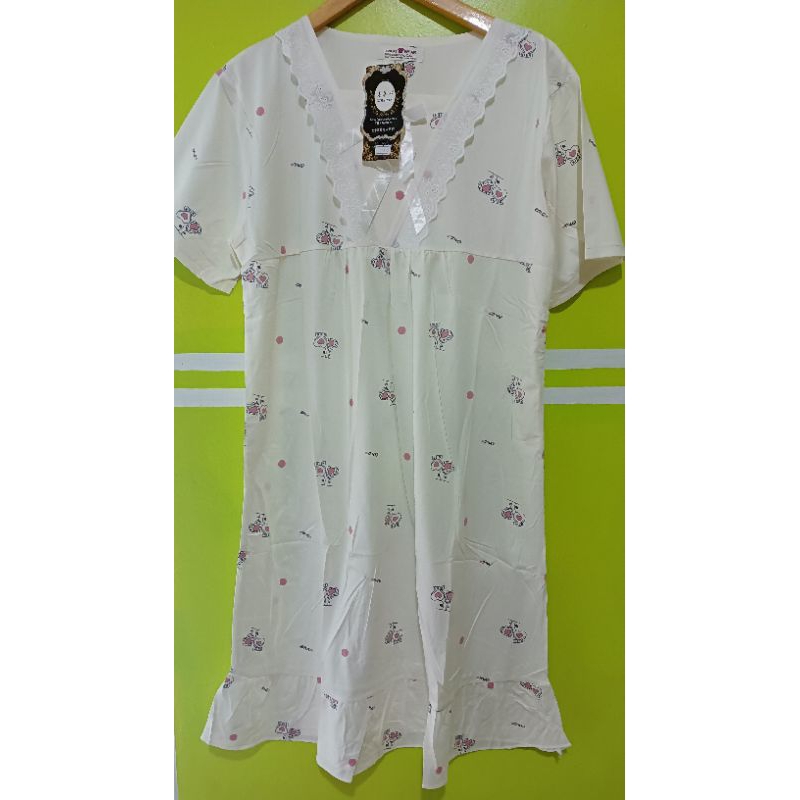 LEISURE WEAR Daster Renda Midi Lengan Pendek Motif Cream