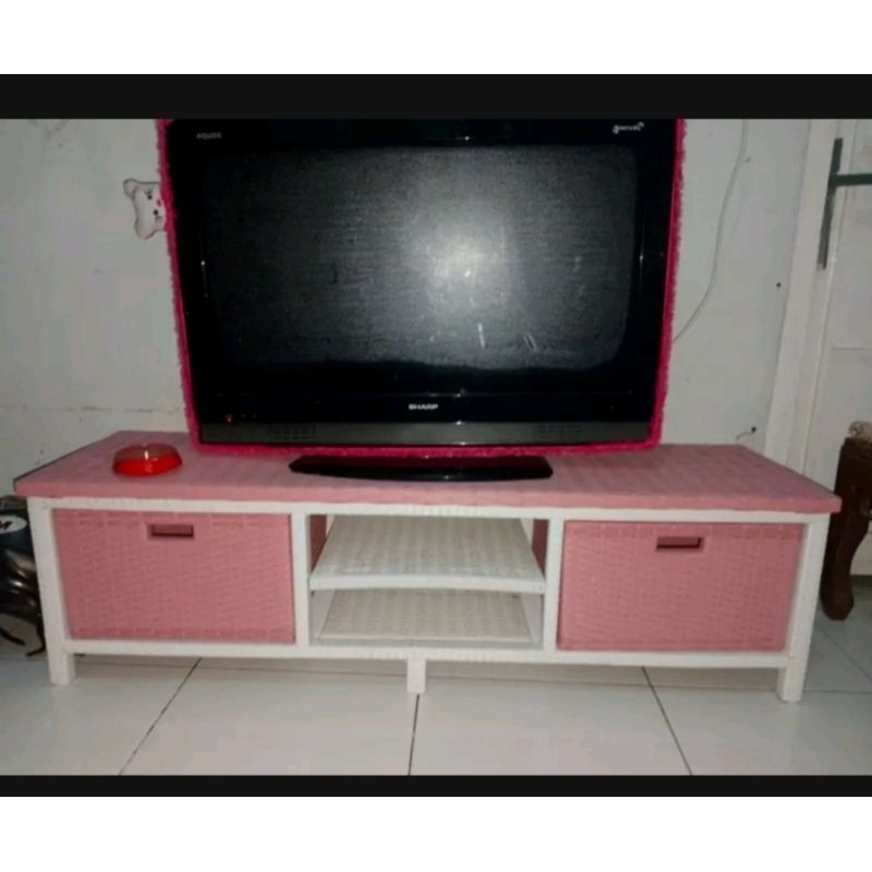 Lemari Rotan Sintetis 2 Laci Dvd Polos Lemari Plastik Meja TV Rotan Rak Susun Murah