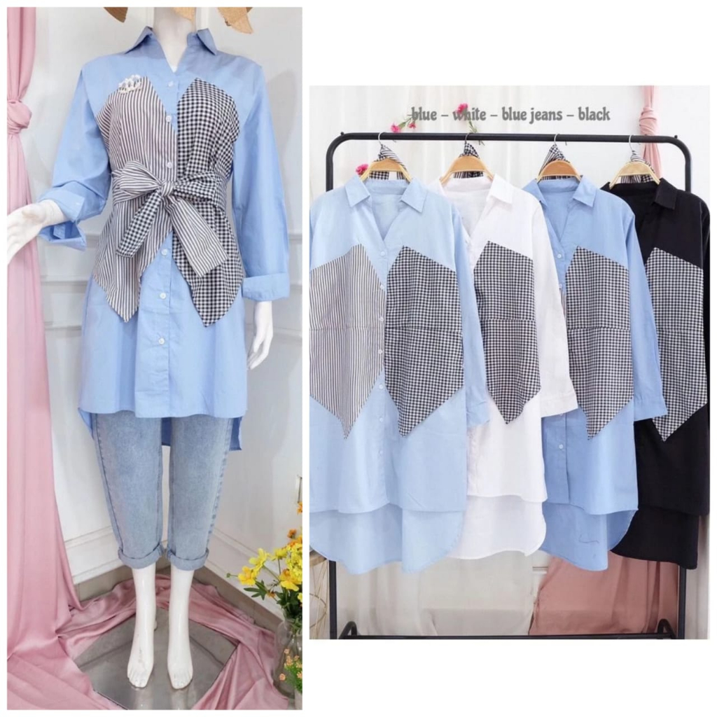 GEZ TUNIK CASUAL FASHION WANITA KOREA BAHAN KATUN IMPORT KOMBINASI KOTAK SALUR
