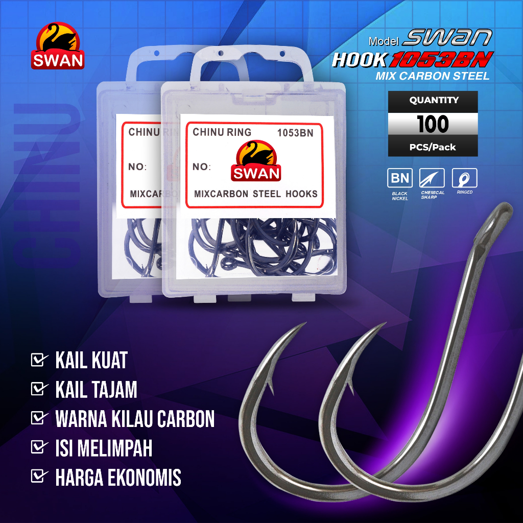 Hook/ Kail Pancing Kotak Mika Swan Chinu 1053, No 1 (kecil) - 12 (besar), Isi Kail di Deskripsi