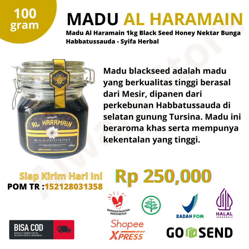 

Madu Al Haramain 1kg Black Seed Honey Nektar Bunga Habbatussauda - Syifa Herbal