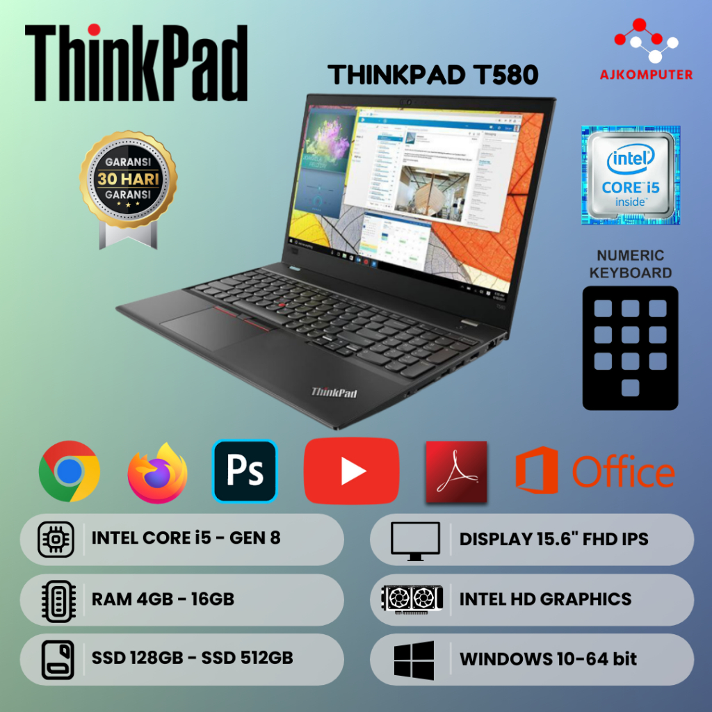 LENOVO THINKPAD T580 INTEL CORE i5 GEN 8 15 INCH FHD IPS NUMLOCK KEYBOARD