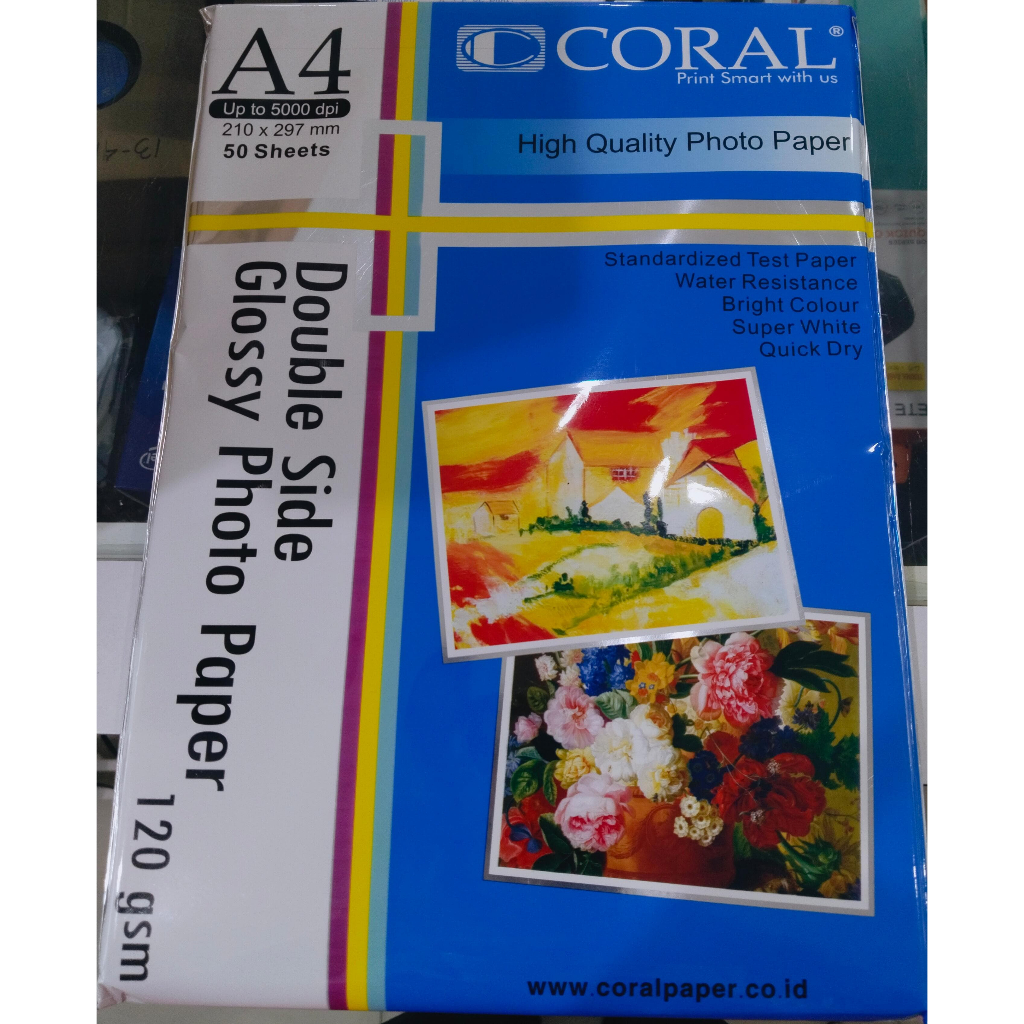 

KERTAS FOTO A4 DOUBLE SIDE GLOSSY 120 GSM 50 LEMBAR CORAL PHOTO PAPER