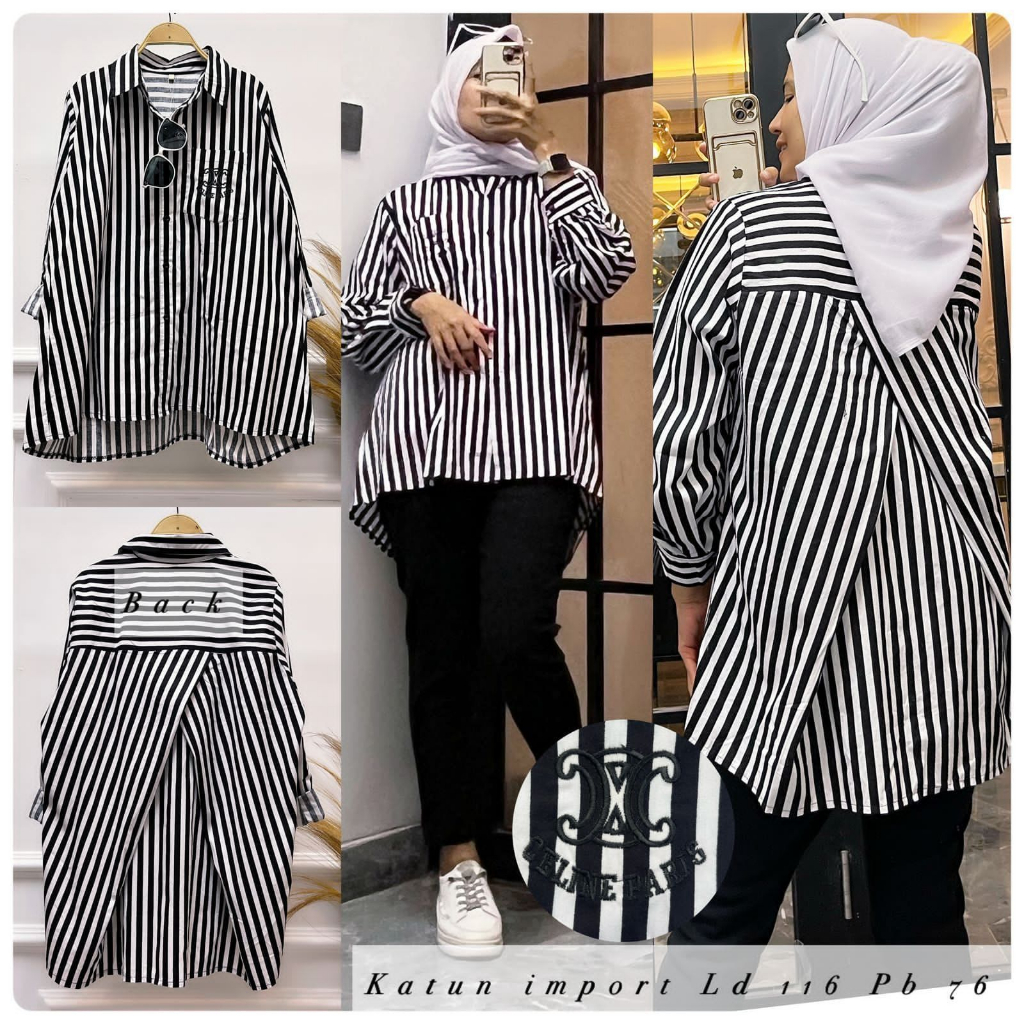 Aiza Kemeja Katun Import Kemeja Garis Garis Hitam Putih Kemeja Garis Garis