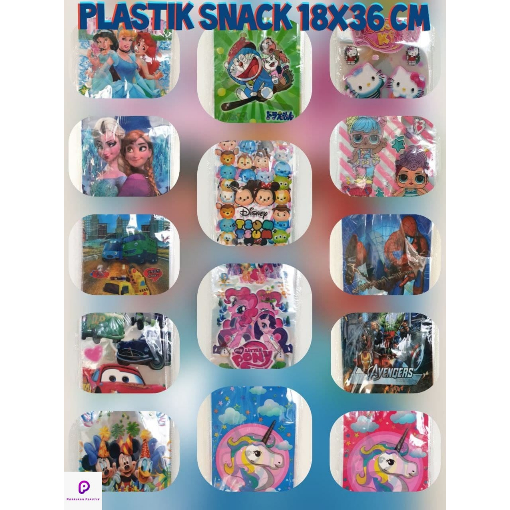 

Plastik Snack Ulang Tahun Kecil / Plastik Karakter / Bingkisan / Souvenir Party ( 18 x 36 cm )