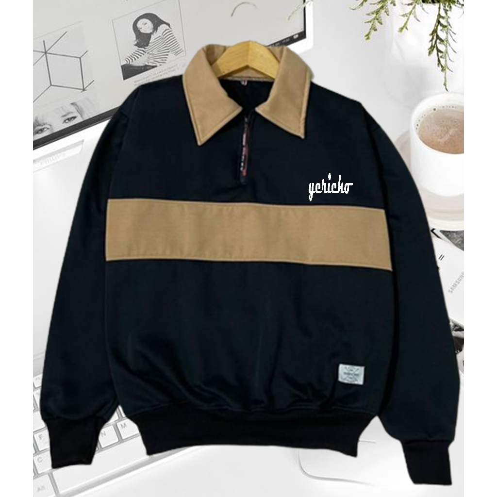 SWEATER RUGBY KOREA PRIA WANITA SWEATER KERAH SLETING IMPORT YERICHO