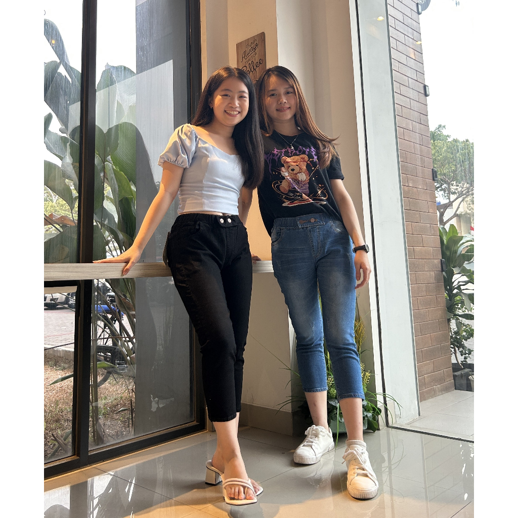 CELANA JEANS PENSIL 7/9 POLOS RAWIS PINGGANG KARET CELANA 7/9 WANITA