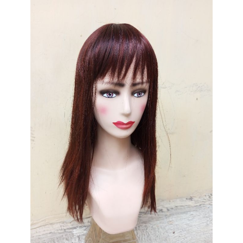 Wig segi Lurus sebahu coklat kemerahan poni merk Anna Korea