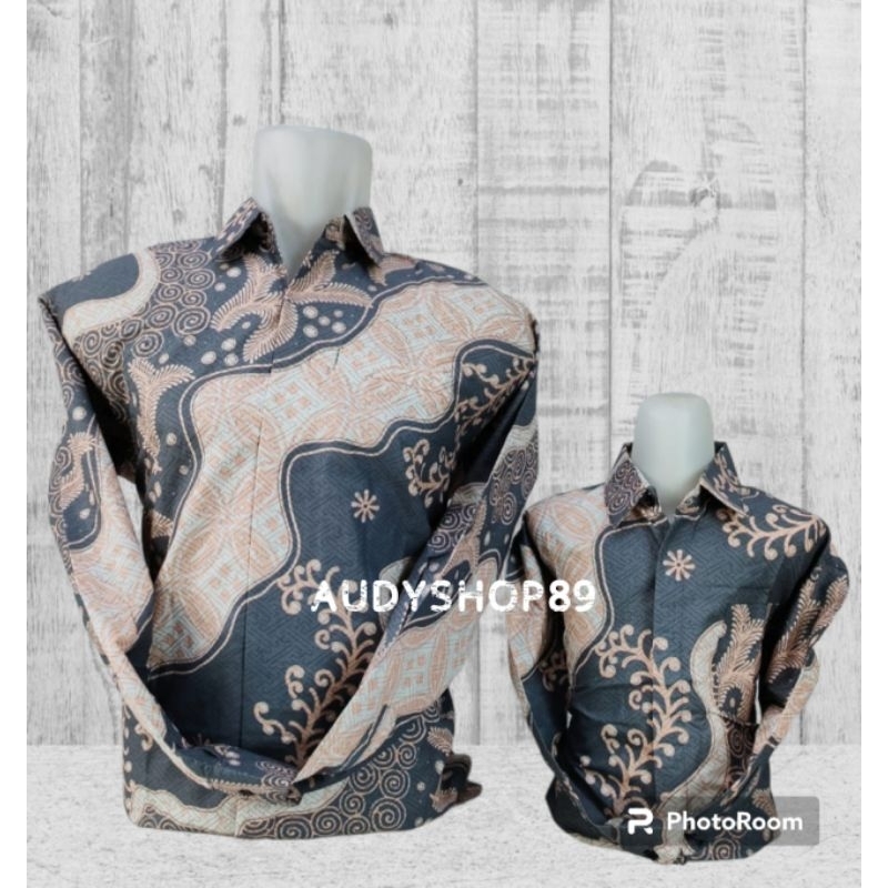 Batik pesta, kemeja couple batik ayah dan anak katun premium warna abu salem