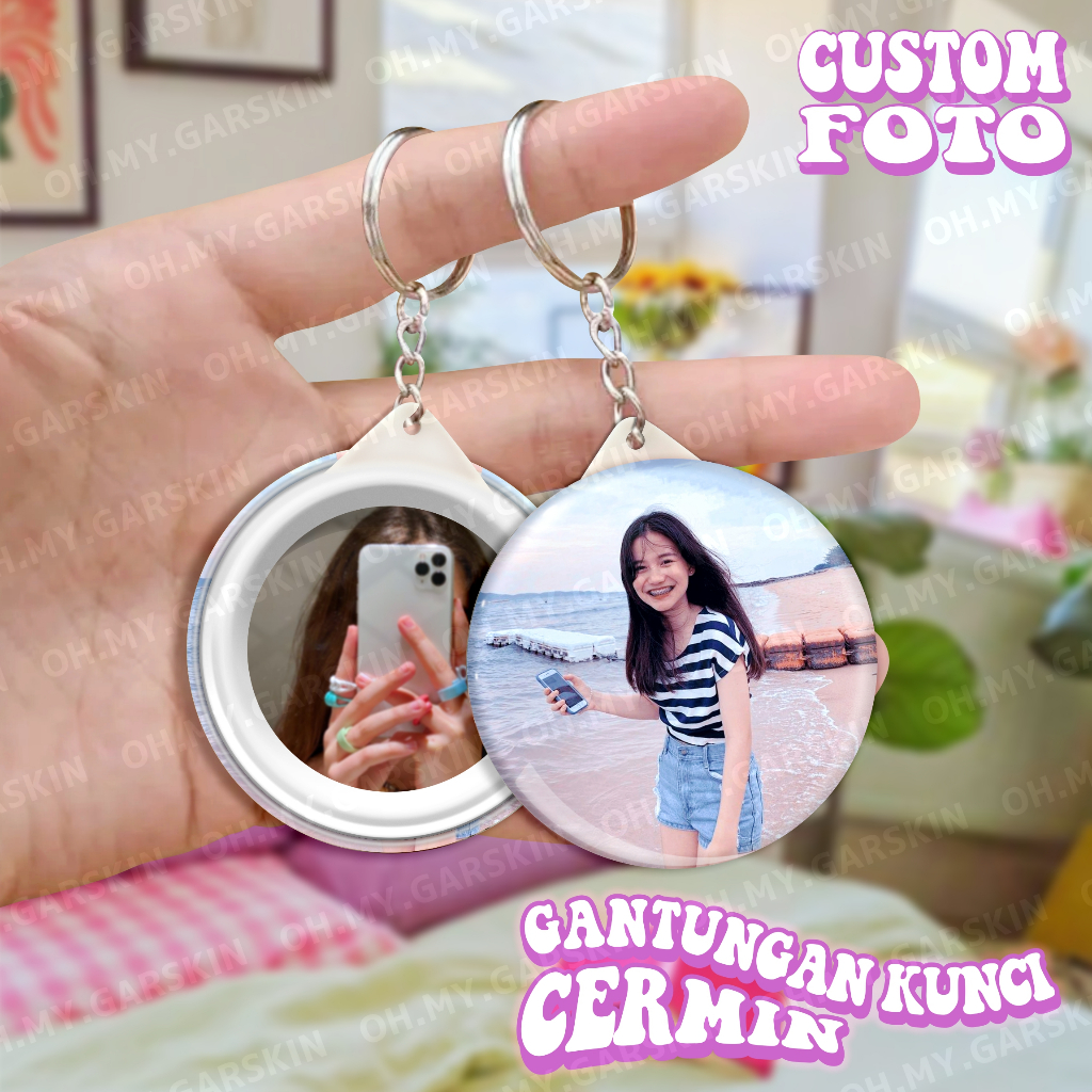 Gantungan Kunci Foto Plus Cermin Makeup Multifungsi Model Bulat Custom