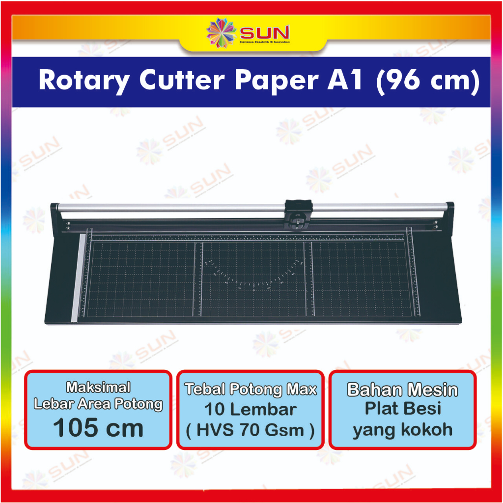 

Rotary Paper Cutter Trimmer SUN A1 96 cm - Alat Potong / Pemotong kertas Hvs, Kertas foto Photo glossy, Silky, Sticker, Art Paper A1, A2, A3, A4, A5, A6, Pas Photo 4R