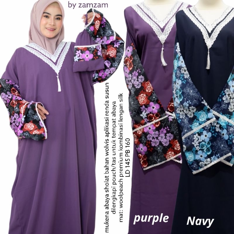 ready mukena abaya sholat wolvis UNGU TUA garis lengan kombinasi rukuh travel travelling woolpeach z