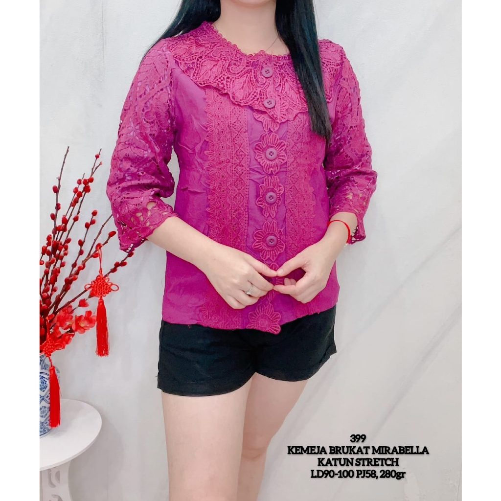 KLV Atasan Blus Katun Stretch Wanita Import Buka Kancing Lengan 7/8 - 399