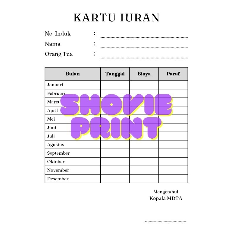 

kartu iuran,spp,infaq,arisan isi 50