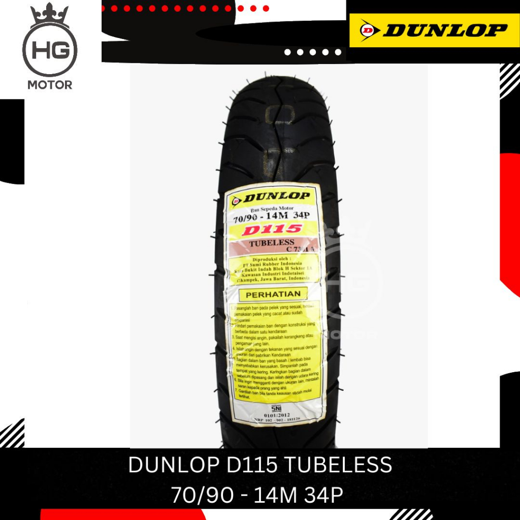 BAN DUNLOP D115 D 115 70/90 80/90 90/80 90/90 Ring 14 TUBELES MIO BEAT