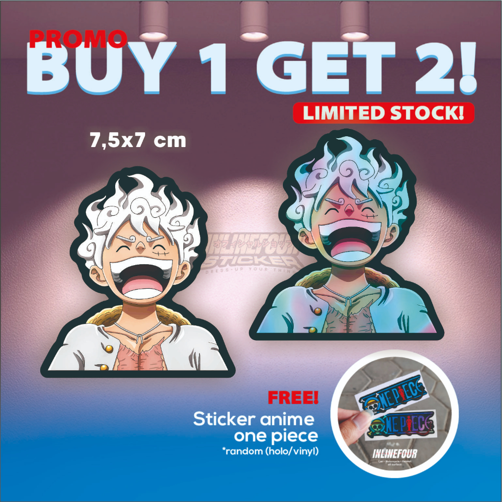 

Sticker Hologram Anime - Stiker One Piece Monkey D. Luffy Head Straw Hat Gear 5 White - Wibu Jepang - Untuk Laptop Case Hp Koper Helm