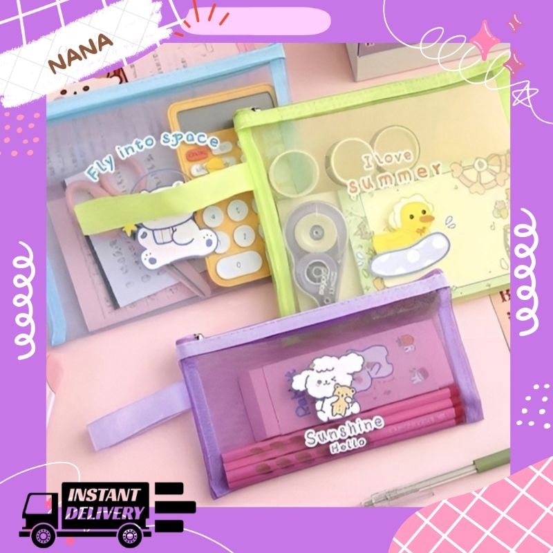 

Tempat Pensil / Make UP /Tempat MAP A4 Jaring Zipper Transparant Karakter Ins Asthetic Pencil serbaguna HN-19