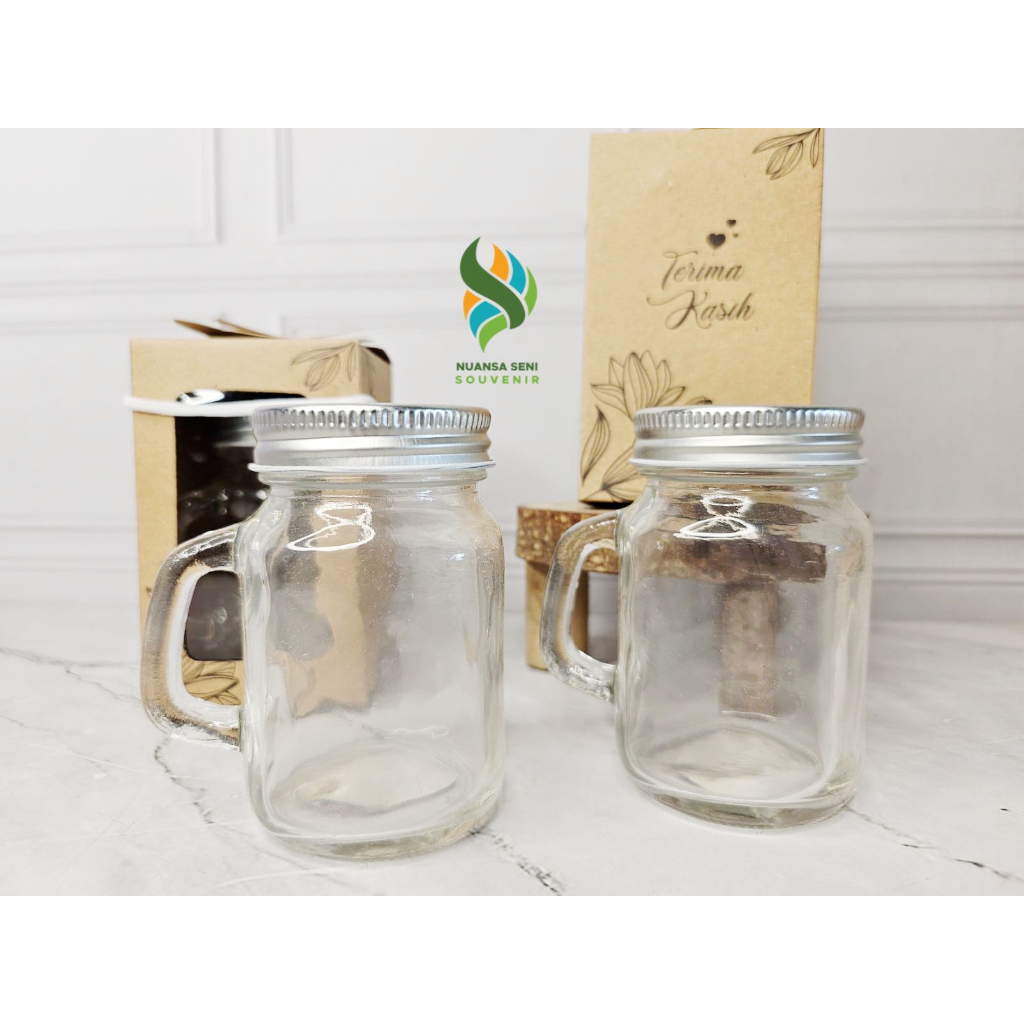 Souvenir Gelas Minum Mug Jar Drinking Jar Kaca Motif Gelas Coklat Gagang Kaca Tutup Kaleng Alumunium