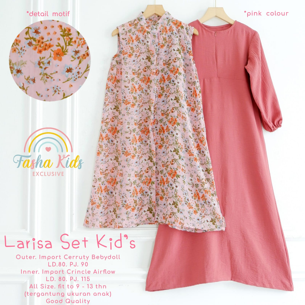 LARISA  SET KIDS SET DRESS ANAK GAMIS POLOS DAN OUTER MOTIF BUNGA BUSANA MUSLIM ANAK PEREMPUAN  USIA