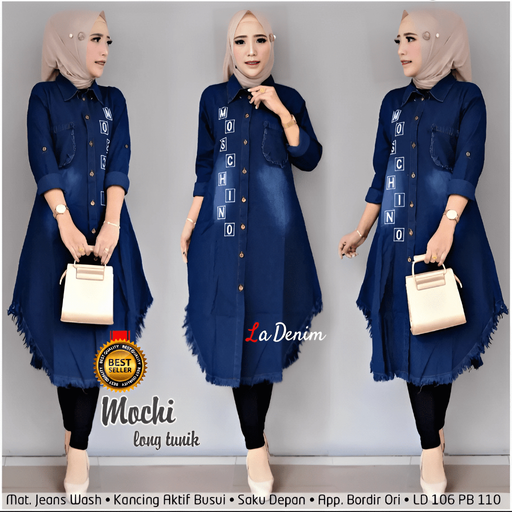 Mochi Long Tunik Jeans Jumbo LD 120 / Baju Tunik Wanita Jins Denim Premium Lengan Panjang Bordir