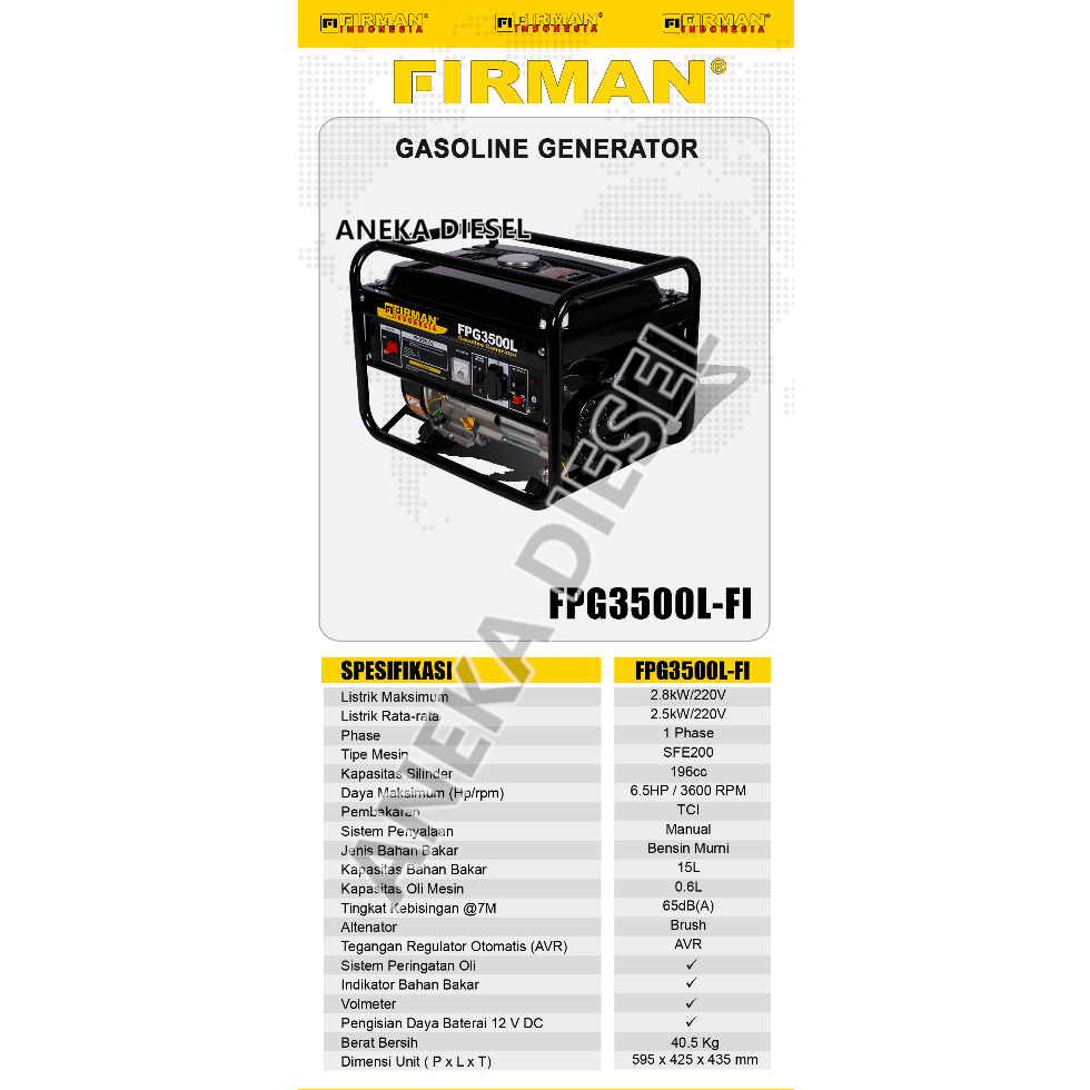 Mesin Genset 2800W FIRMAN FPG 3500L FI Gasoline Generator 2800W FPG 3500L FI FIRMAN Pembangkit Listr