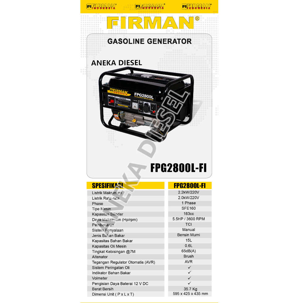 Mesin Genset 2200W FIRMAN FPG 2800L FI Gasoline Generator 2200W FPG 2800L FI FIRMAN Pembangkit Listr