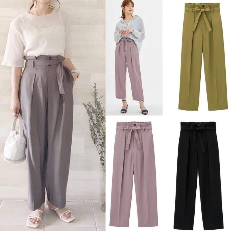 High Waist Tuck Belt Pants celana kerja bahan