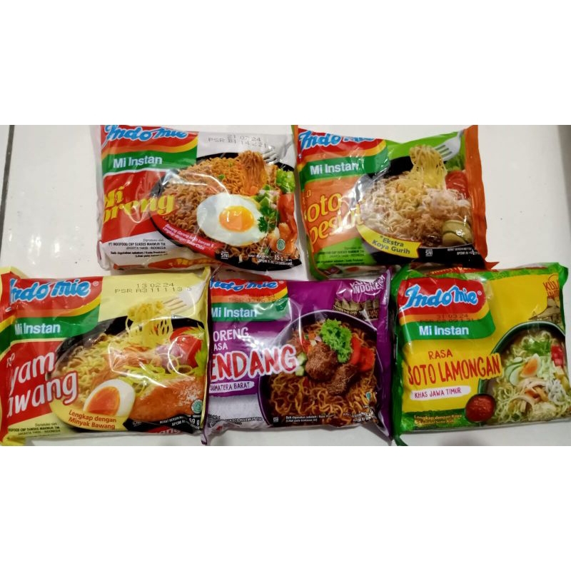 

Indomie Goreng/Soto spesial/Ayam bawang/Rendang/Soto Lamongan