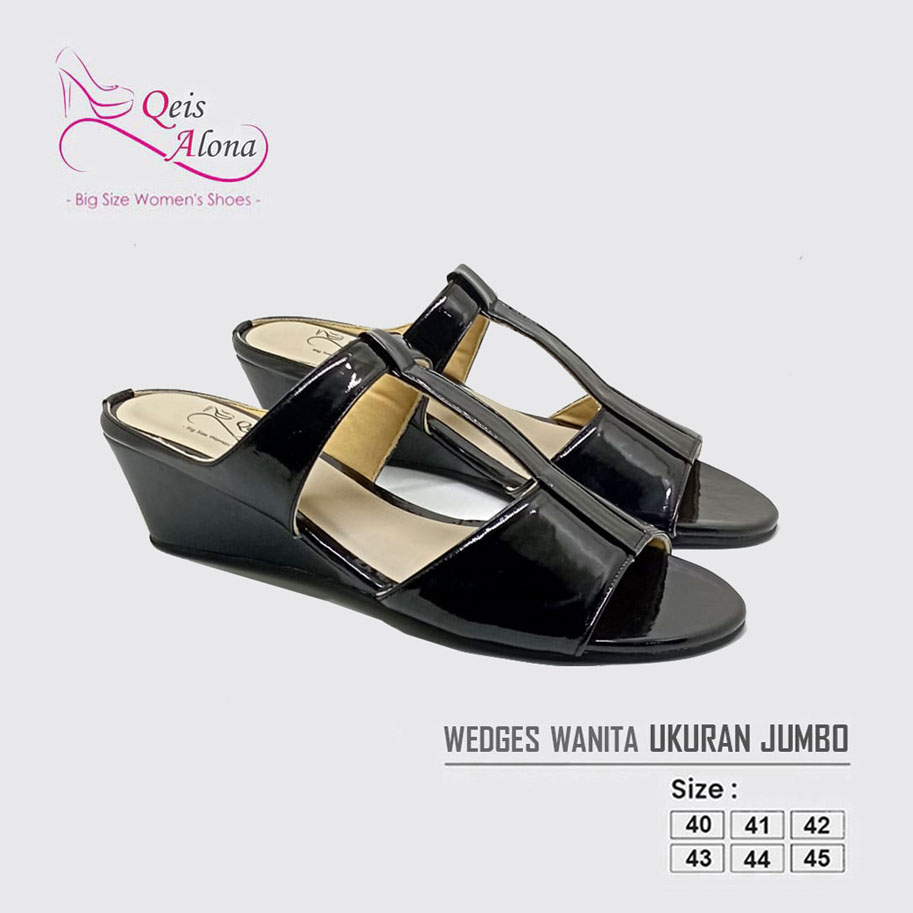 Sandal Wedges Wanita (Big Size 40-41-42-43-44-45) Sendal Jumbo Wedges Black Glossy Ibu2 Pesta Formal
