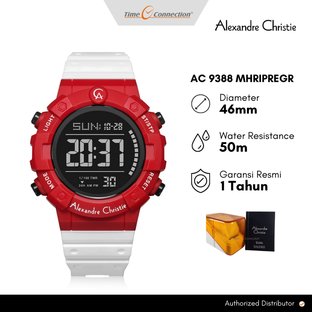 Alexandre Christie AC 9388 MHRIPREGR Merah Putih Original / Jam Tangan Pria Digital Karet Rubber