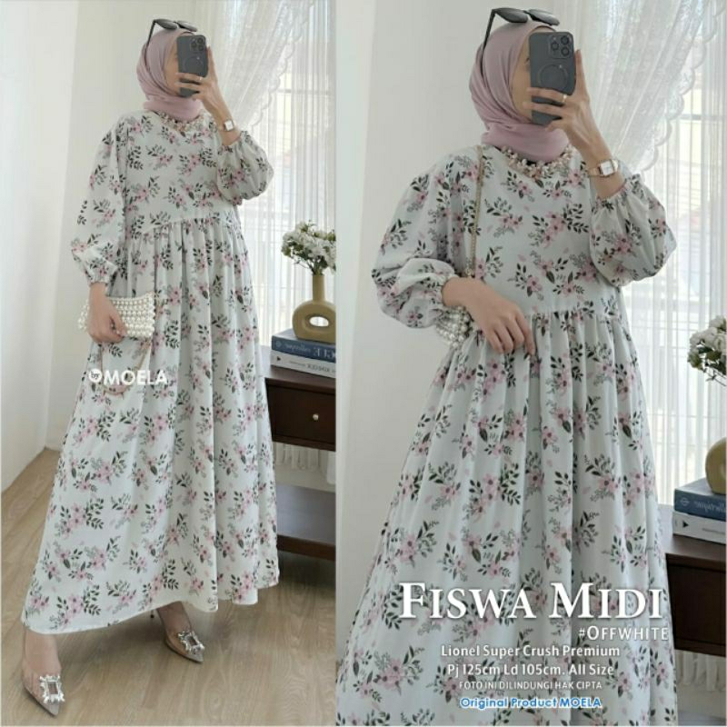 FISWA MIDI MOTIF BUNGA ALLSIZE GAMIS WANITA ORI BERLABEL MOELA