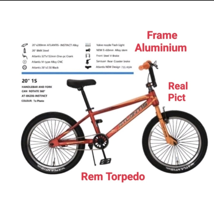 Sepeda BMX 20 Inch Atlantis Instinct Rem Torpedo Frame Alloy Rotor - Hitam Merah