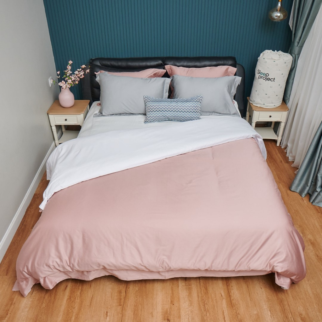 SLEEP PROJECT Quilt Cover Set ALUNA Premium Cotton Plain Kombinasi 3 Warna Dusty Pink, White, Dark Grey